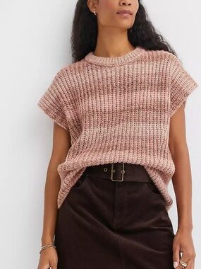 LOFT $47 Womens Large Peach Blush Short Sleeve Spacedye Wedge Knit Sweater i14